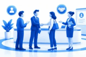 2 تا آقا و 2 تا خانم ایستاده و یک آقا در حال دست دادن به یک خانم
